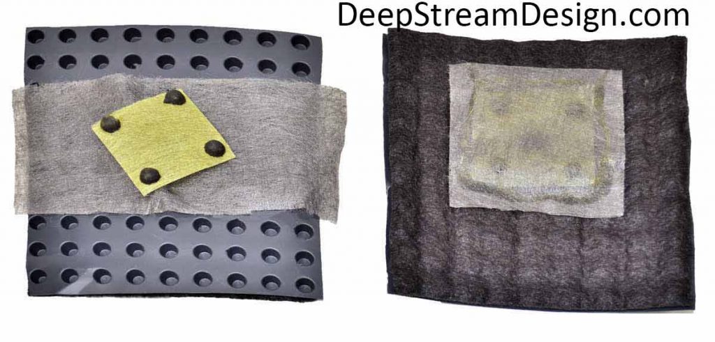 DeepStream Advanced 3-Part Planter Liner Drain-Pad shown as components and finished pad.