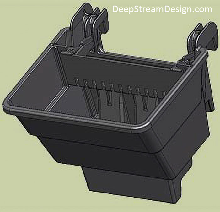 Live Wall do-it-yourself-easy with these 100% recycled polypropylene VGP Live Wall Trays. This rendering shows the rectangular sloped black bucket that hangs from a special frame, standard wire mesh panels, or a even cable at a 45 degree angle to hold plants purchased in standard 1-gallon nursery pots for long term growing or easy change-out.