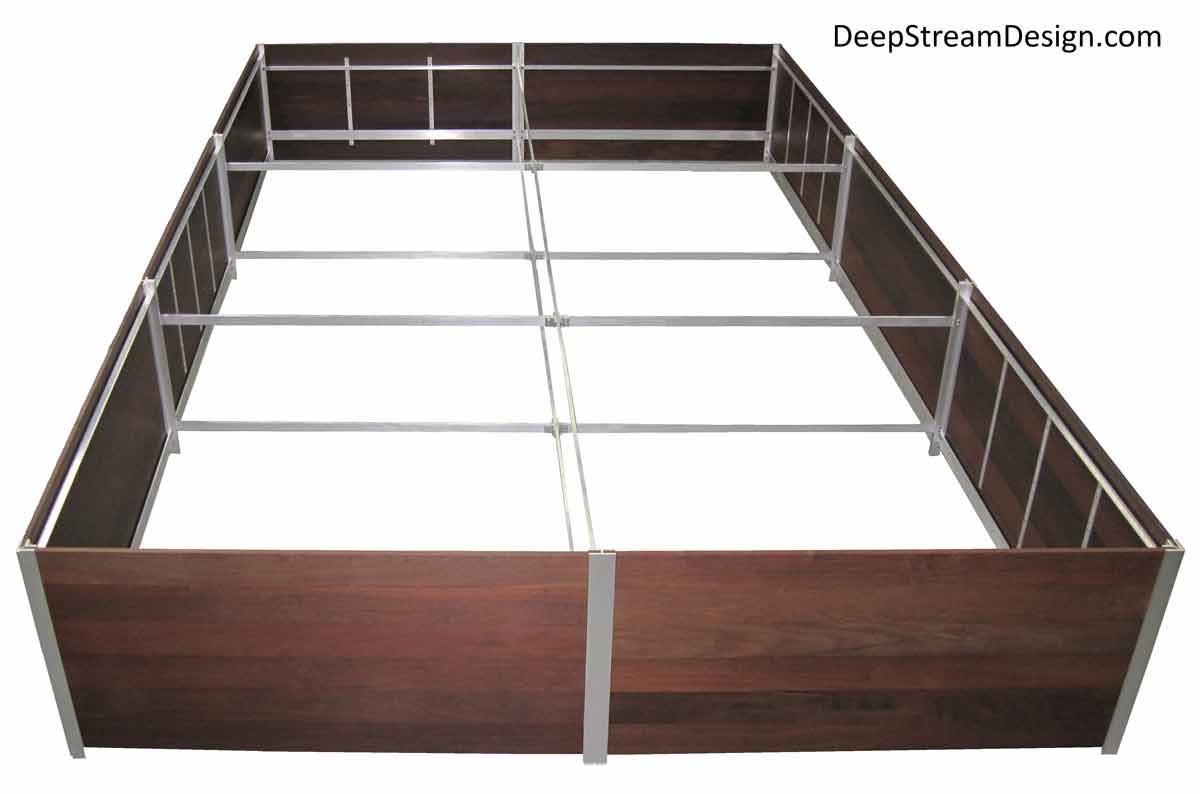 A studio photo showing a very Large Wood Garden Planter for Trees 31 inches deep engineered with DeepStream’s trademark proprietary structural aluminum frame with double cross bracing in a rectangular shape with the longest side 18 feet long by 12 feet on the ends. This planter was designed to use modular stock planter liners sitting directly on the deck to maximize planting depth and reduce unnecessary costs.