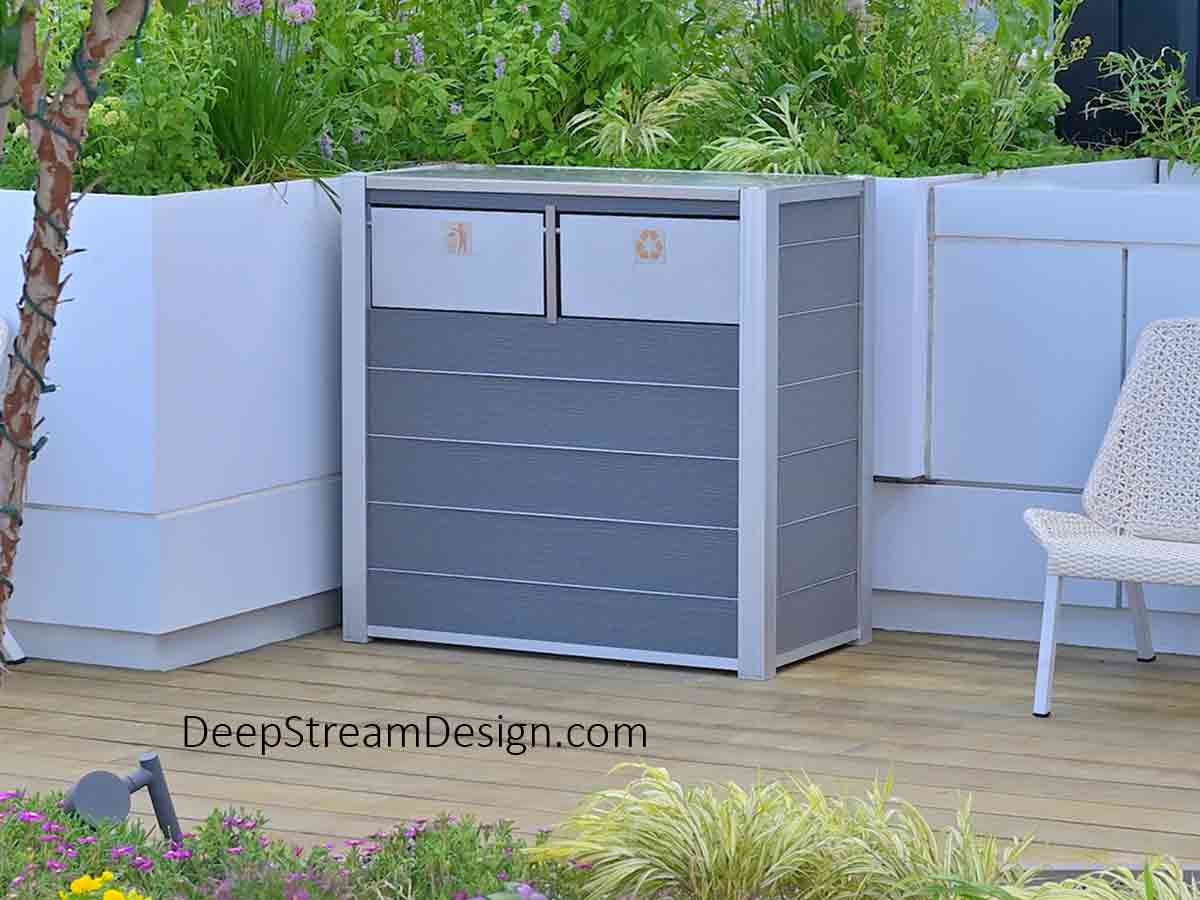 Surrounded by modern furniture and massive beds of yellow and pink flowers on an upscale Washington, DC, hotel pool deck garden, DeepStream’s modern Oahu Commercial Combined Recycling and Trash Receptacle crafted with Light Gray-colored no-maintenance recycled plastic lumber is as timeless as the garden. Fitted with 316 stainless steel lid and hinges, marine aluminum push flaps, and leakproof 33-gallon inner bins.