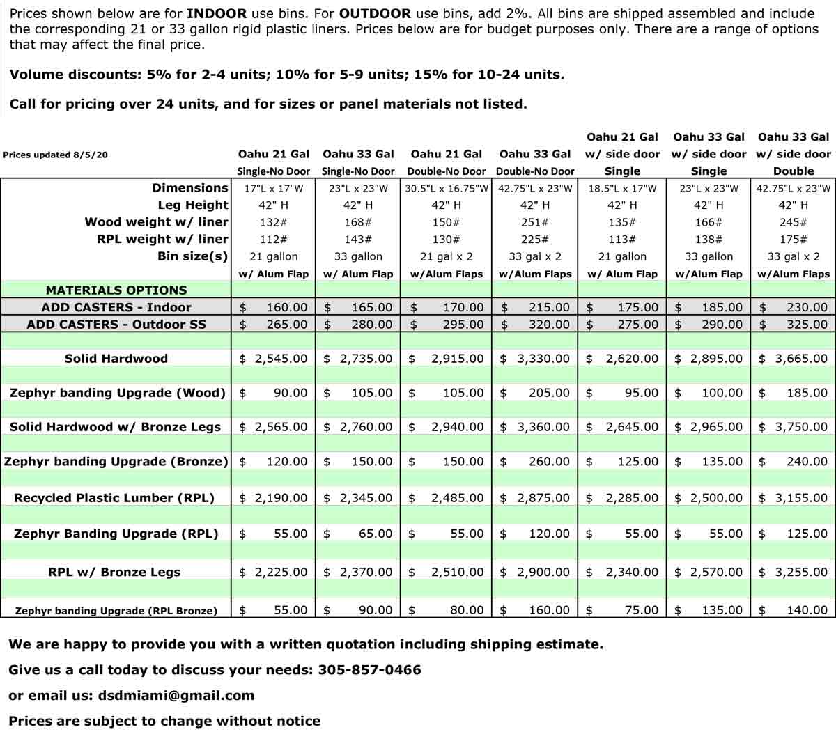 Price chart for Oahu Modern Commercial Recycling and Trash Bins and Commercial Combined Recycling and Trash Receptacles 080520