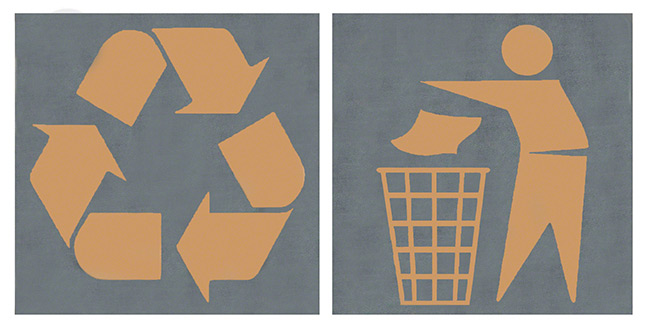 A studio photo of two 4 inch by 4 inch, etched 316 stainless steel and copper enamel symbol labels indicating the use of a single DeepStream receptacle for either trash or recycling.