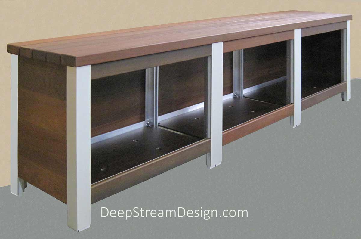 A studio photo of The Perfect Commercial Wooden Bench with Shoe Cubby.  An extra sturdy ergonomic bench seat with a shoe cubby beneath, open on one side with closed ends.