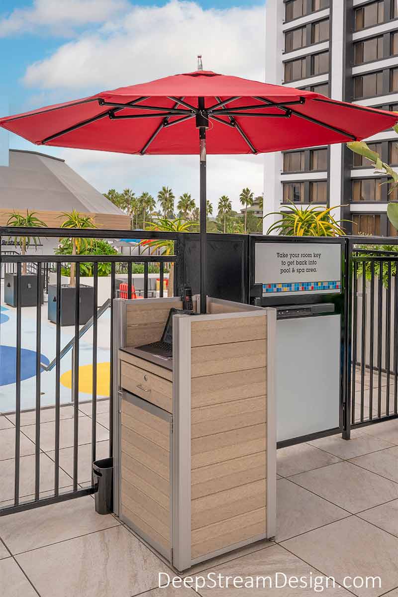 Outdoor Host Stand with POS shelf, Umbrella support, locking door, and drawer is crafted from weatherproof birchwood HDPE recycled plastic lumber.